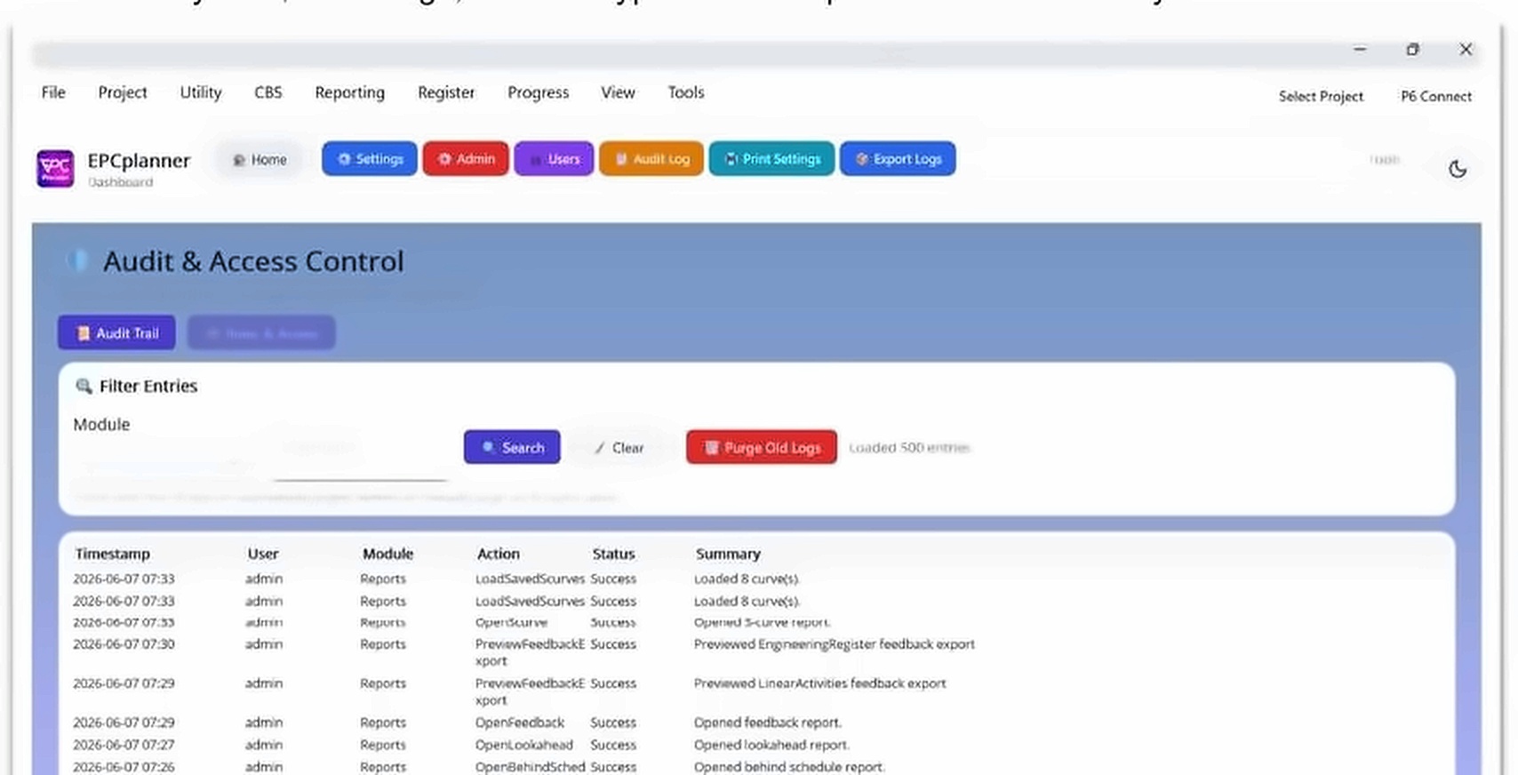 EPCplanner Audit and Access Control screen: filterable, tamper proof log of every controlled action