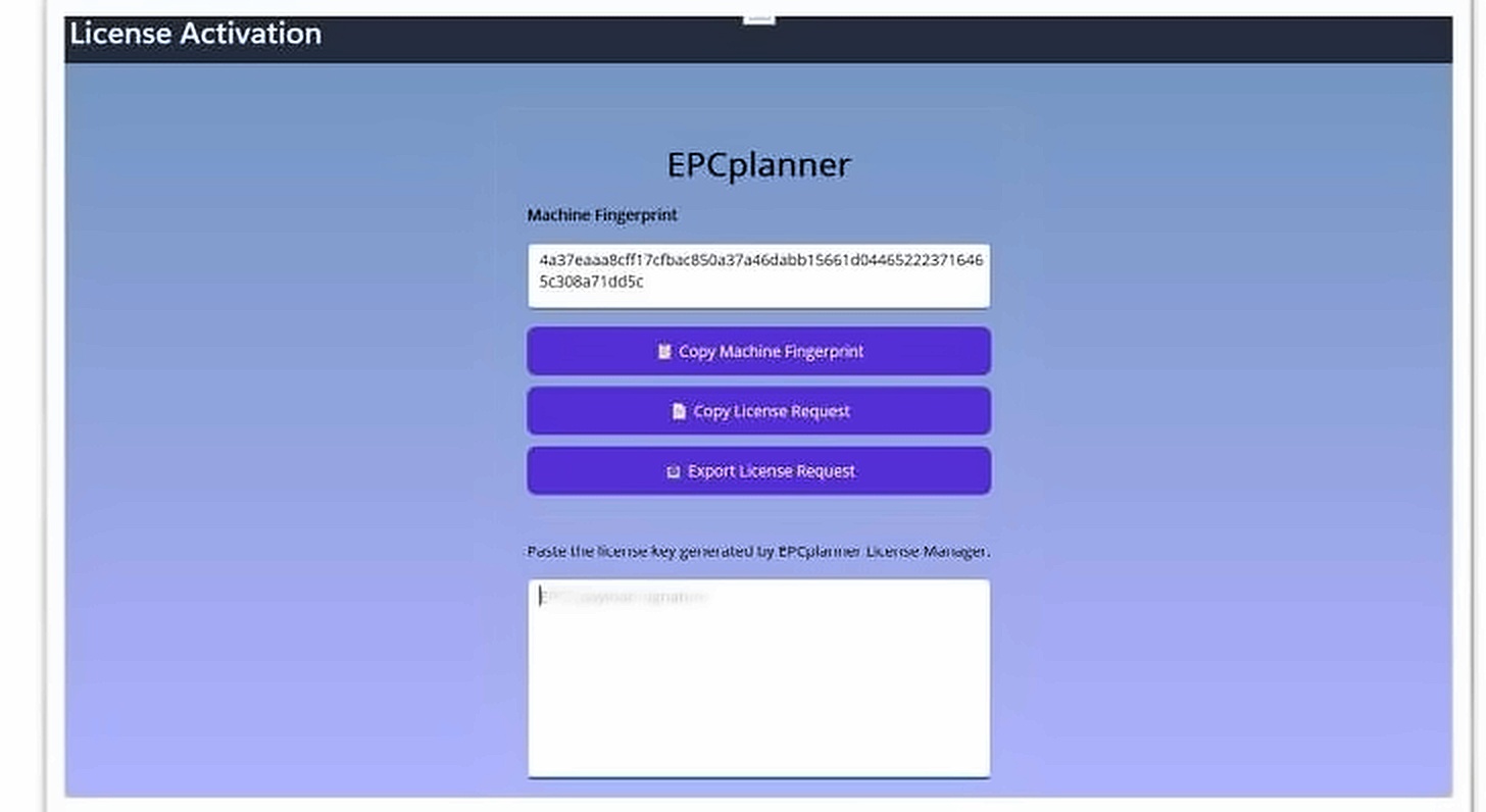 EPCplanner License Activation screen bound to a machine fingerprint
