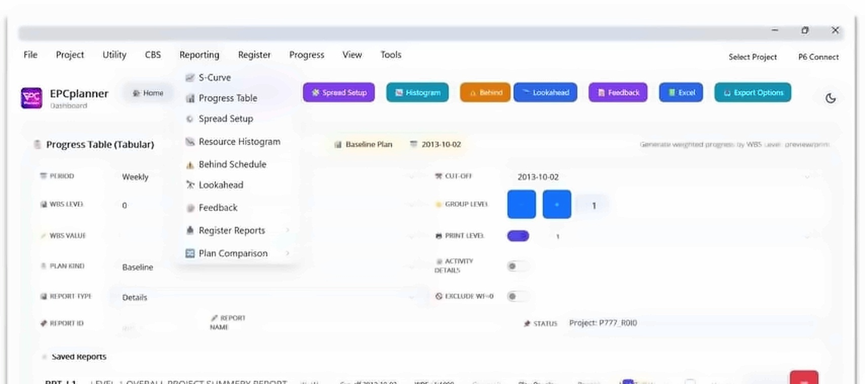 EPCplanner Reports toolbar with S-Curve, Progress Table, Histogram, Behind, Lookahead and Feedback menus