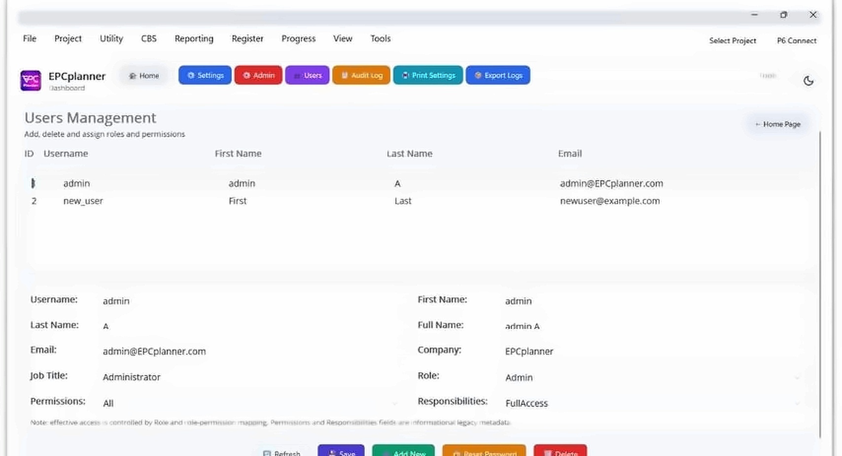 EPCplanner Users Management screen showing user accounts, roles and permissions